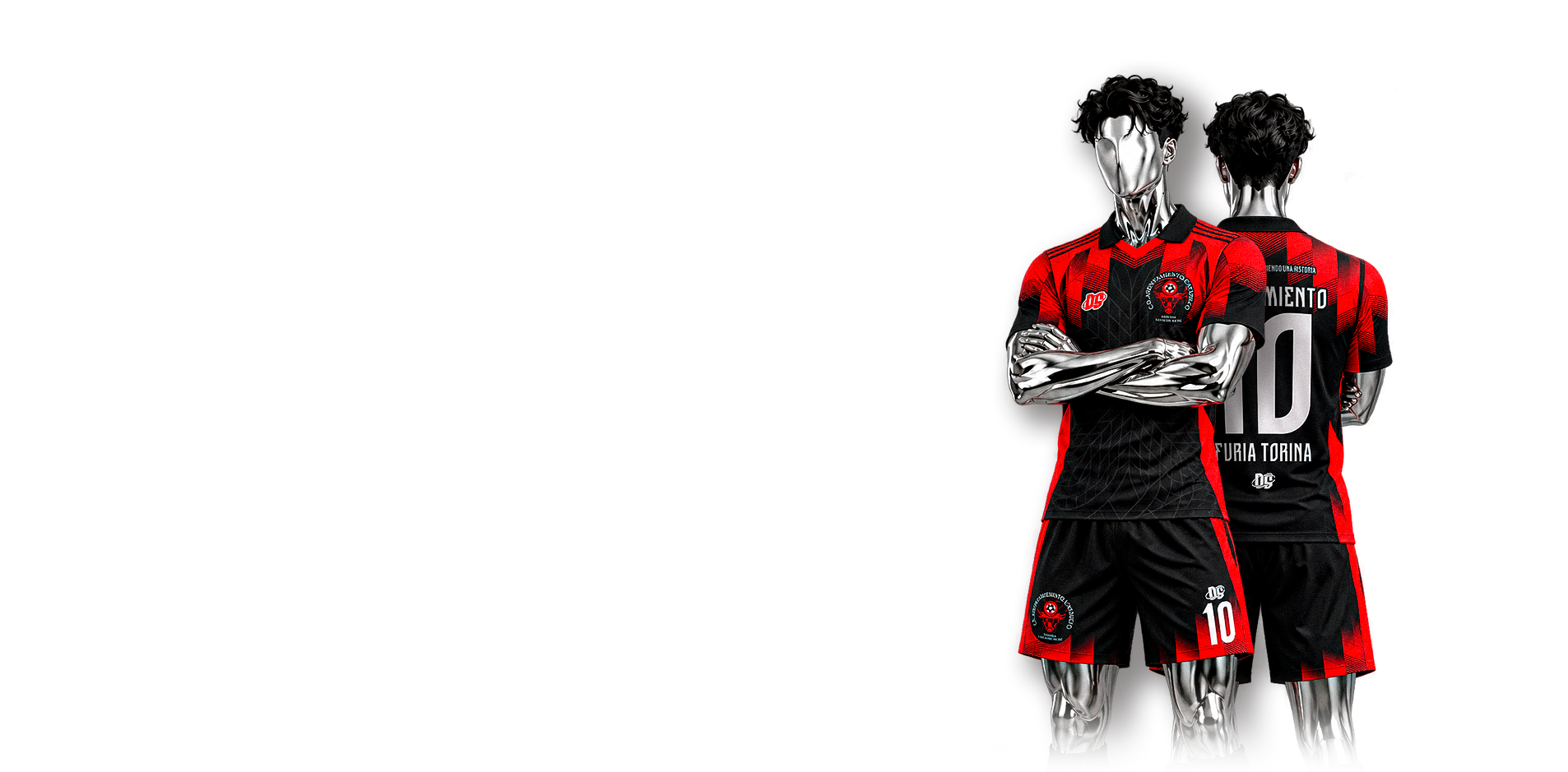 Equipación personalizada roja y negra, vista frontal y trasera